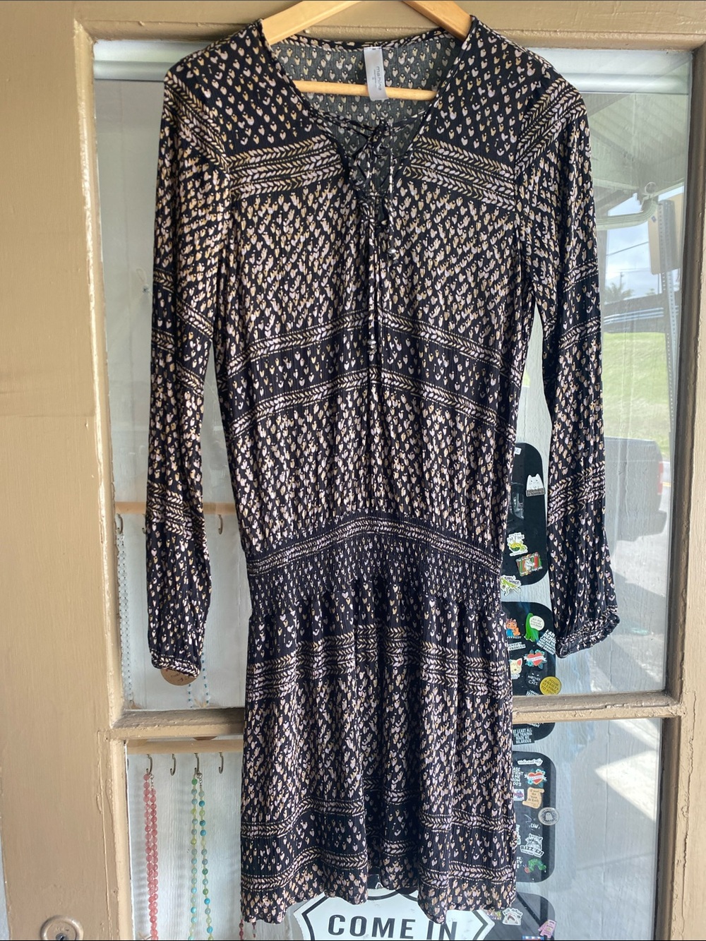Mahina Hawaii Black and Cream Long-Sleeve Printed Women’s Dress